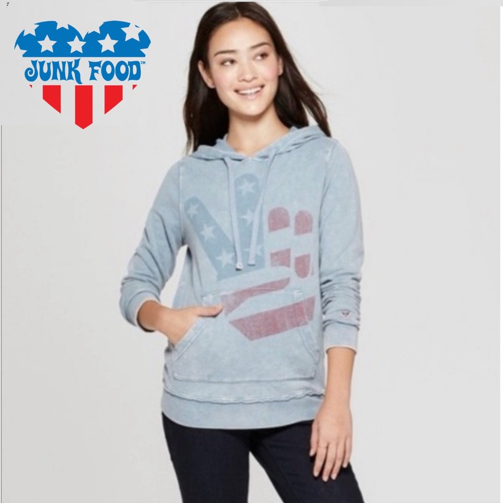 Women’s Junk Food Peace Sign Hoodie American Flag‎ Sweatshirt Long Sleeve Small